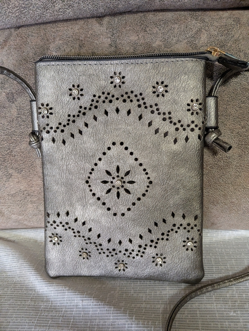 Silver Metallic Rhinestone Crossbody - Small Festival Phone Bag